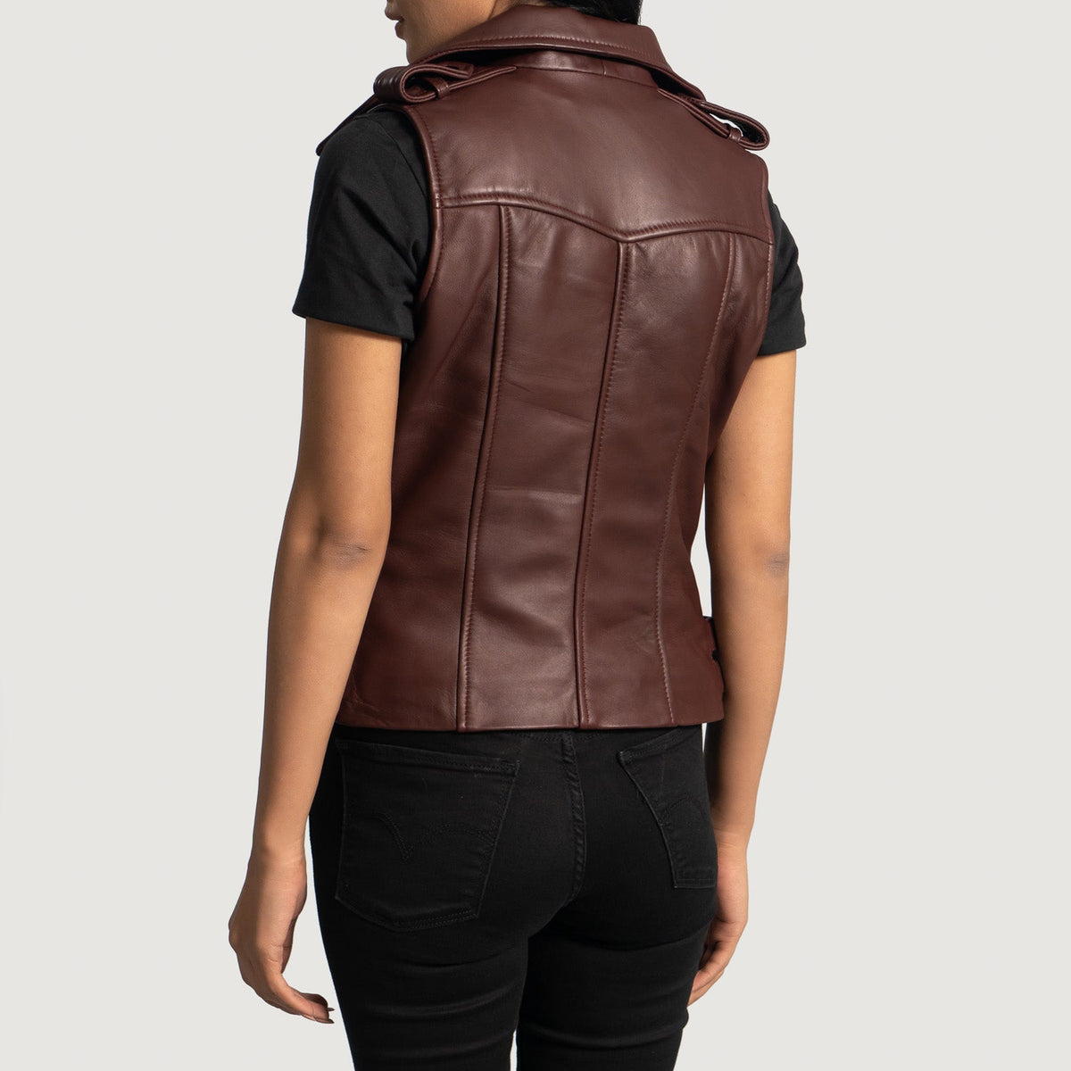 Brex Rhonda Maroon Leather Biker Vest - women's vest in maroon sheepskin leather, view 5