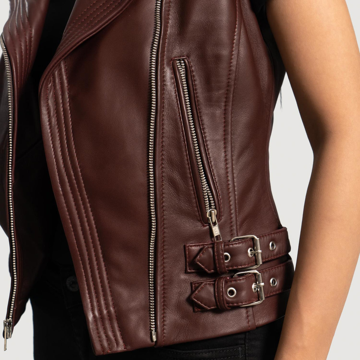 Brex Rhonda Maroon Leather Biker Vest - women's vest in maroon sheepskin leather, view 6