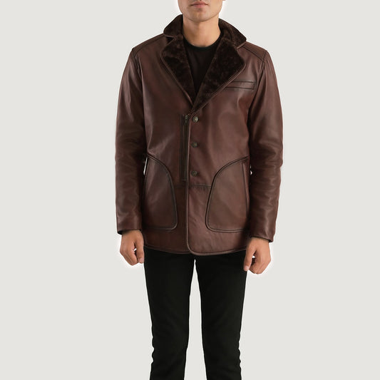 Rocky Brown Fur Leather Coat - men's coat in brown sheepskin leather, view 1