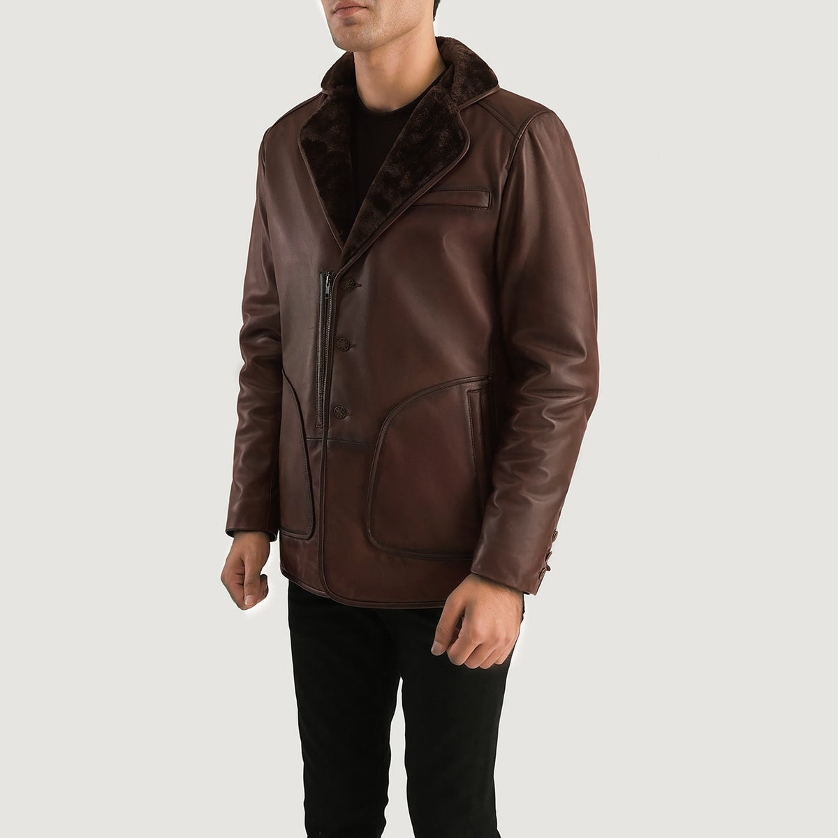 Rocky Brown Fur Leather Coat - men's coat in brown sheepskin leather, view 2