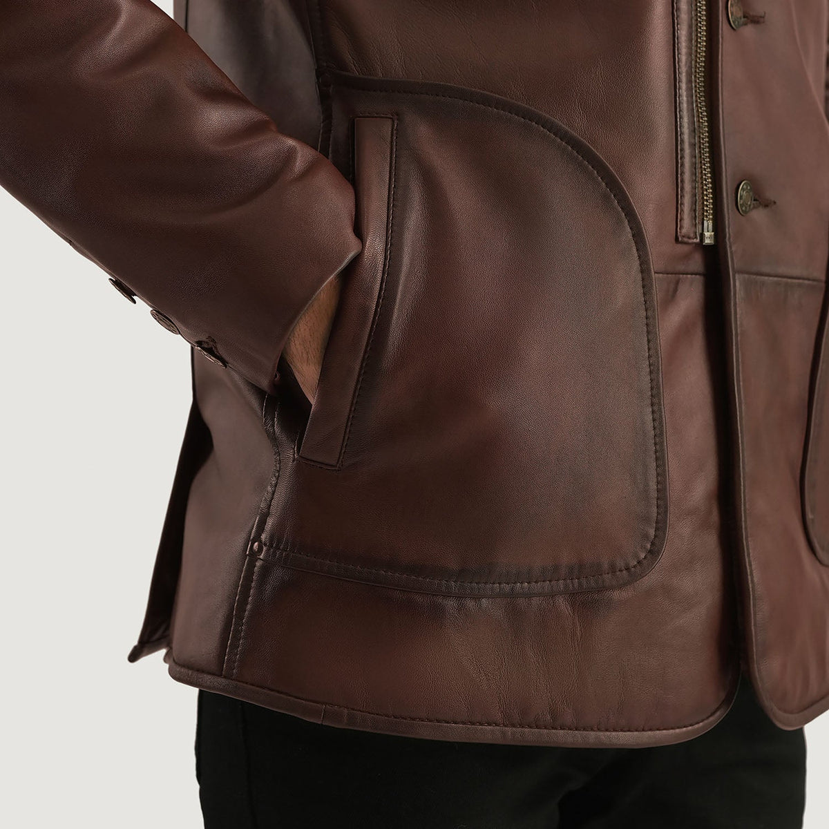 Rocky Brown Fur Leather Coat - men's coat in brown sheepskin leather, view 3