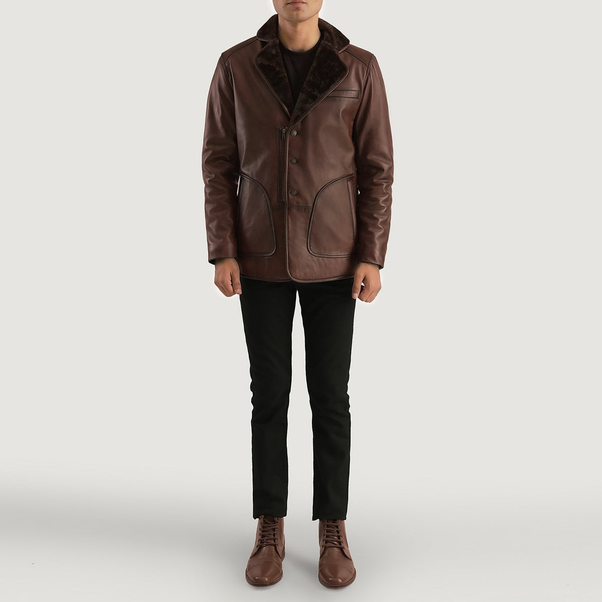 Rocky Brown Fur Leather Coat - men's coat in brown sheepskin leather, view 4