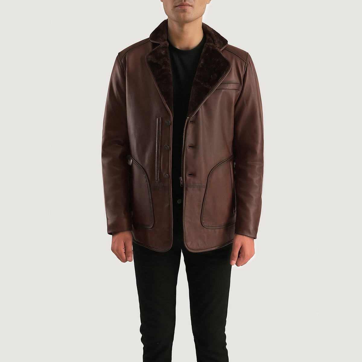 Rocky Brown Fur Leather Coat - men's coat in brown sheepskin leather, view 6