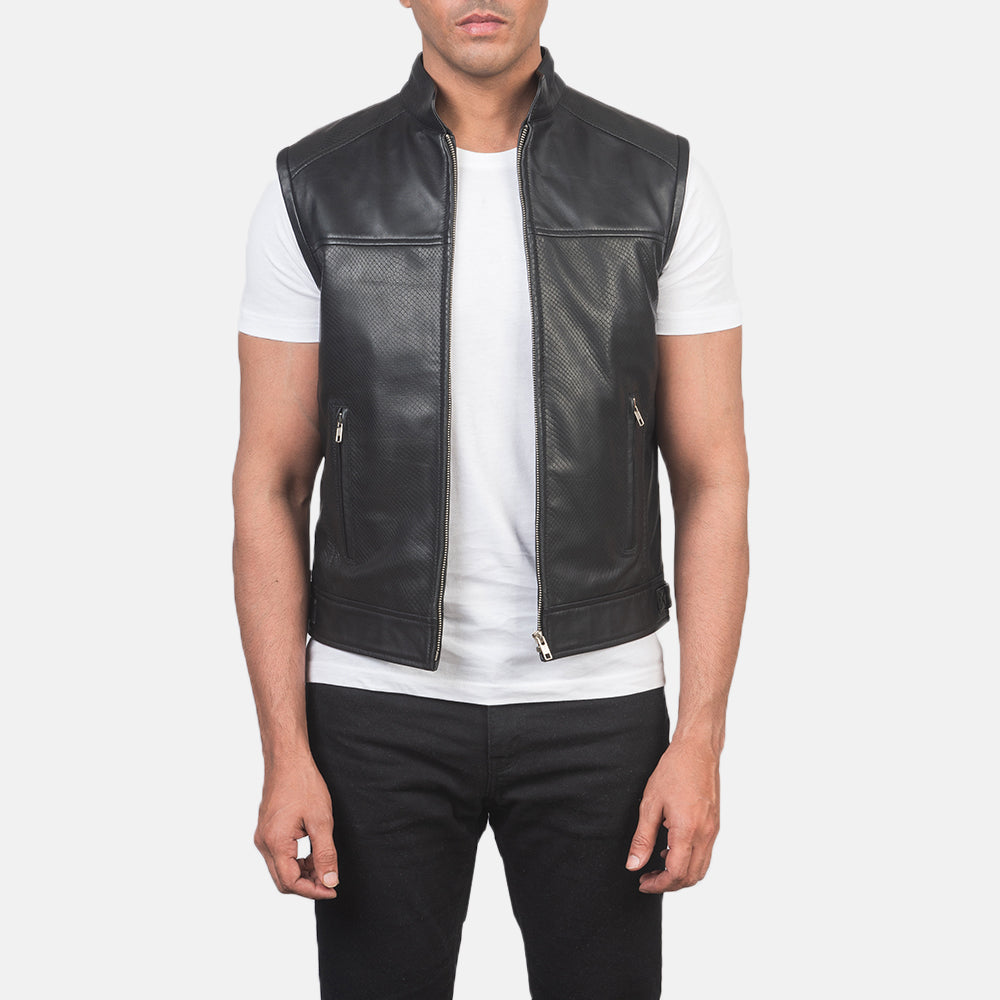 Roland Black Leather Biker Vest - men's vest in black sheepskin leather, view 1
