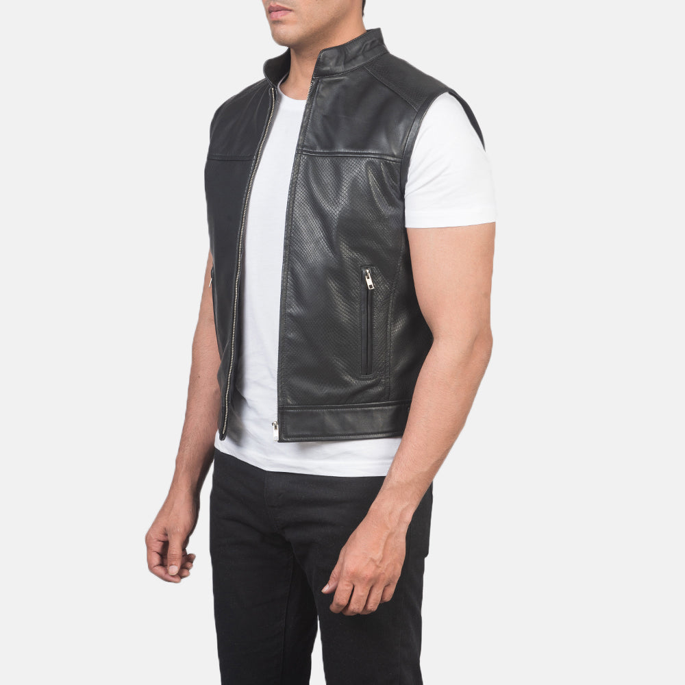 Roland Black Leather Biker Vest - men's vest in black sheepskin leather, view 2