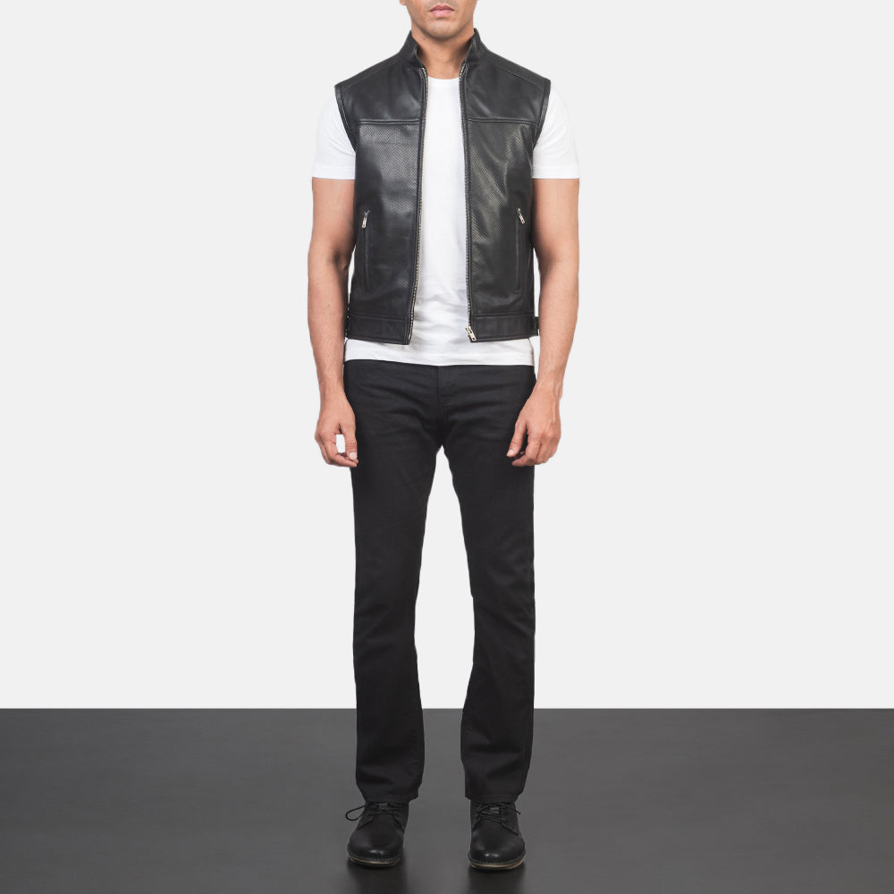 Roland Black Leather Biker Vest - men's vest in black sheepskin leather, view 3