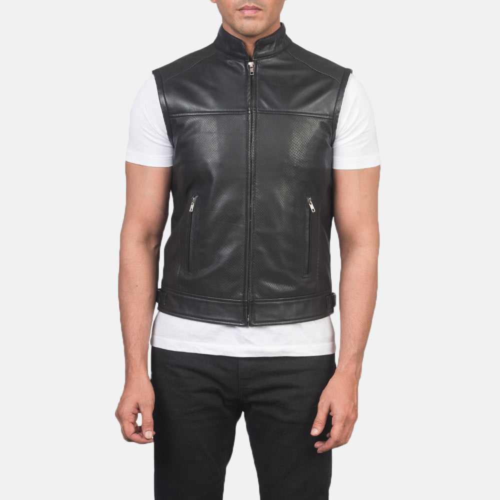 Roland Black Leather Biker Vest - men's vest in black sheepskin leather, view 4