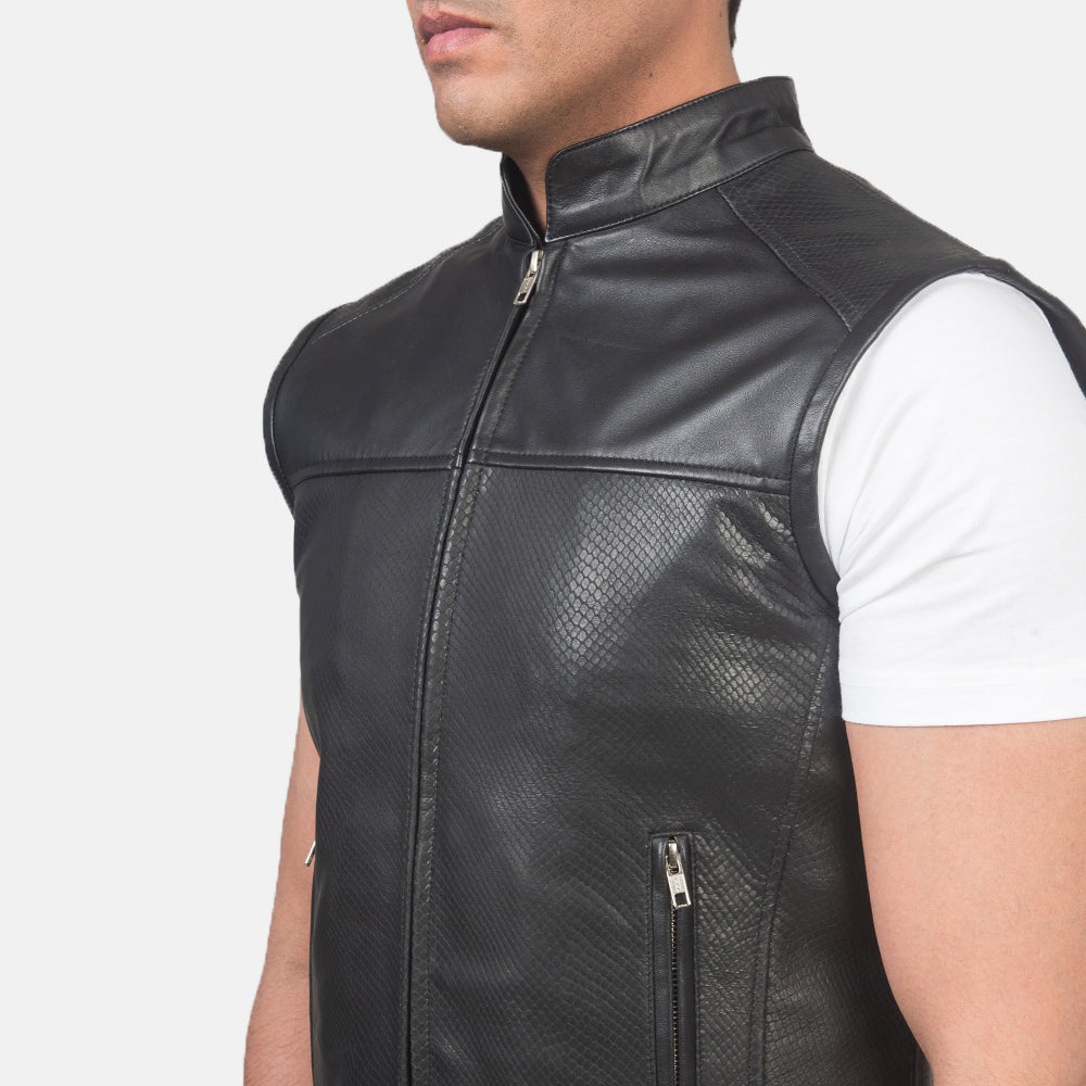 Roland Black Leather Biker Vest - men's vest in black sheepskin leather, view 6