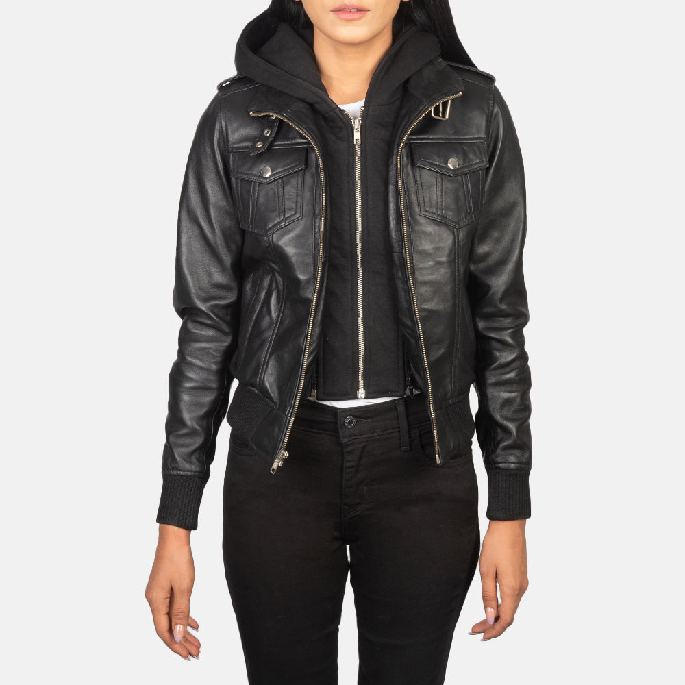 Roslyn Black Hooded Leather Bomber Jacket - women's jacket in black sheepskin leather, view 1