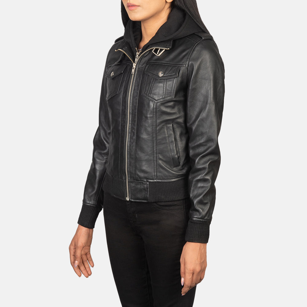 Roslyn Black Hooded Leather Bomber Jacket - women's jacket in black sheepskin leather, view 2