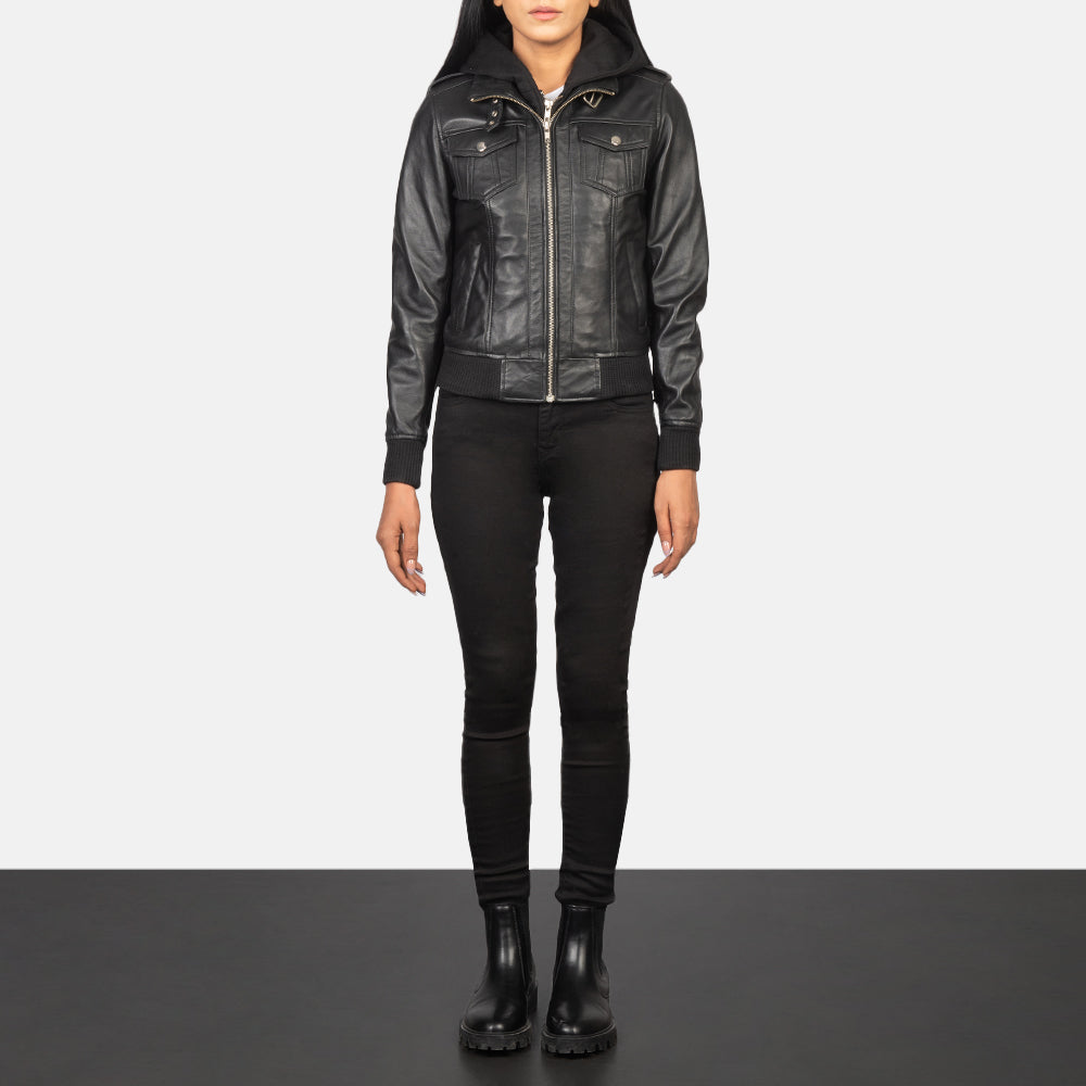 Roslyn Black Hooded Leather Bomber Jacket - women's jacket in black sheepskin leather, view 3