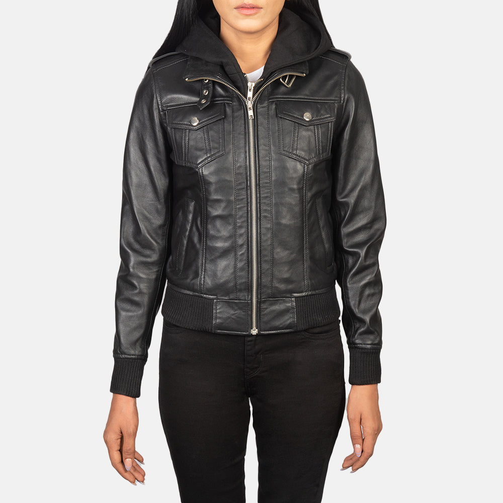 Roslyn Black Hooded Leather Bomber Jacket - women's jacket in black sheepskin leather, view 4