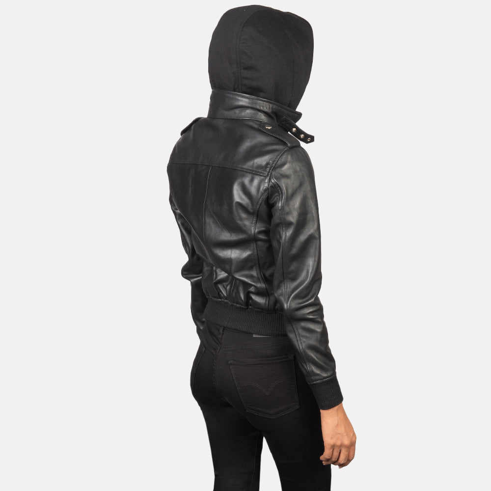 Roslyn Black Hooded Leather Bomber Jacket - women's jacket in black sheepskin leather, view 5