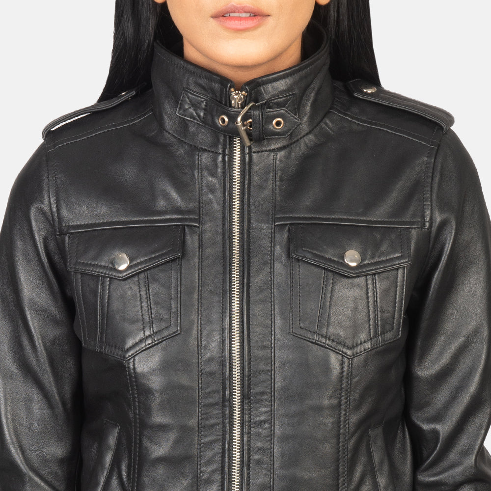 Roslyn Black Hooded Leather Bomber Jacket - women's jacket in black sheepskin leather, view 6