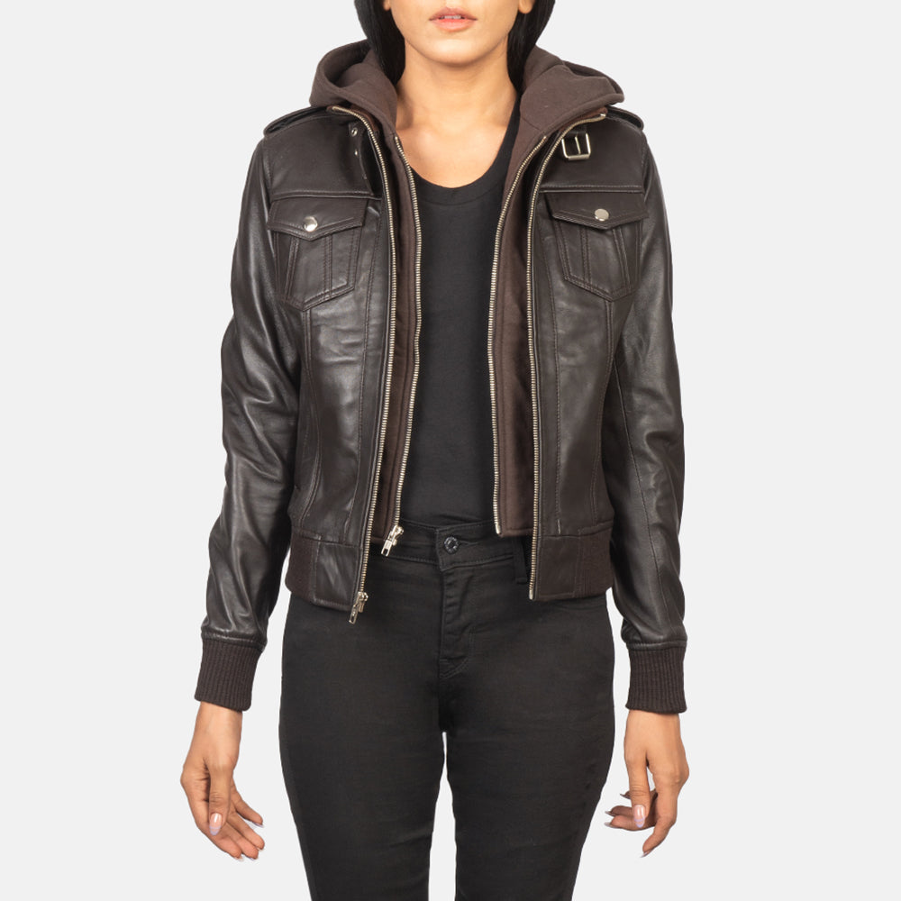 Roslyn Brown Hooded Leather Bomber Jacket - women's jacket in brown sheepskin leather, view 1