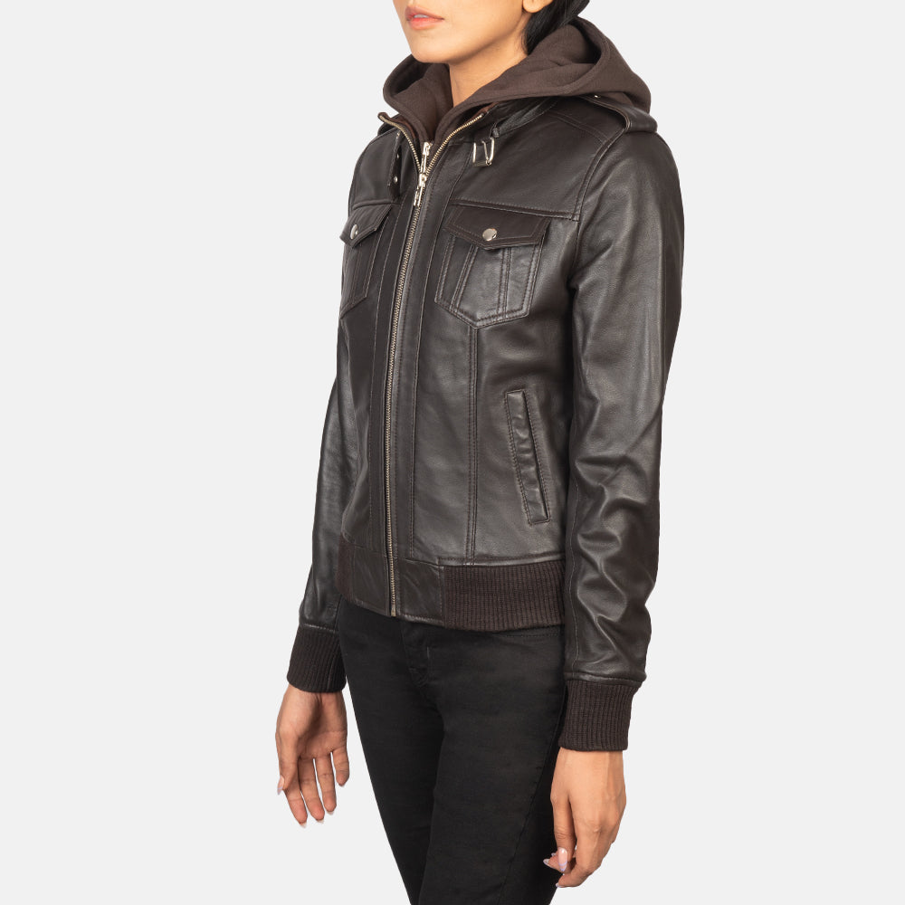 Roslyn Brown Hooded Leather Bomber Jacket - women's jacket in brown sheepskin leather, view 2