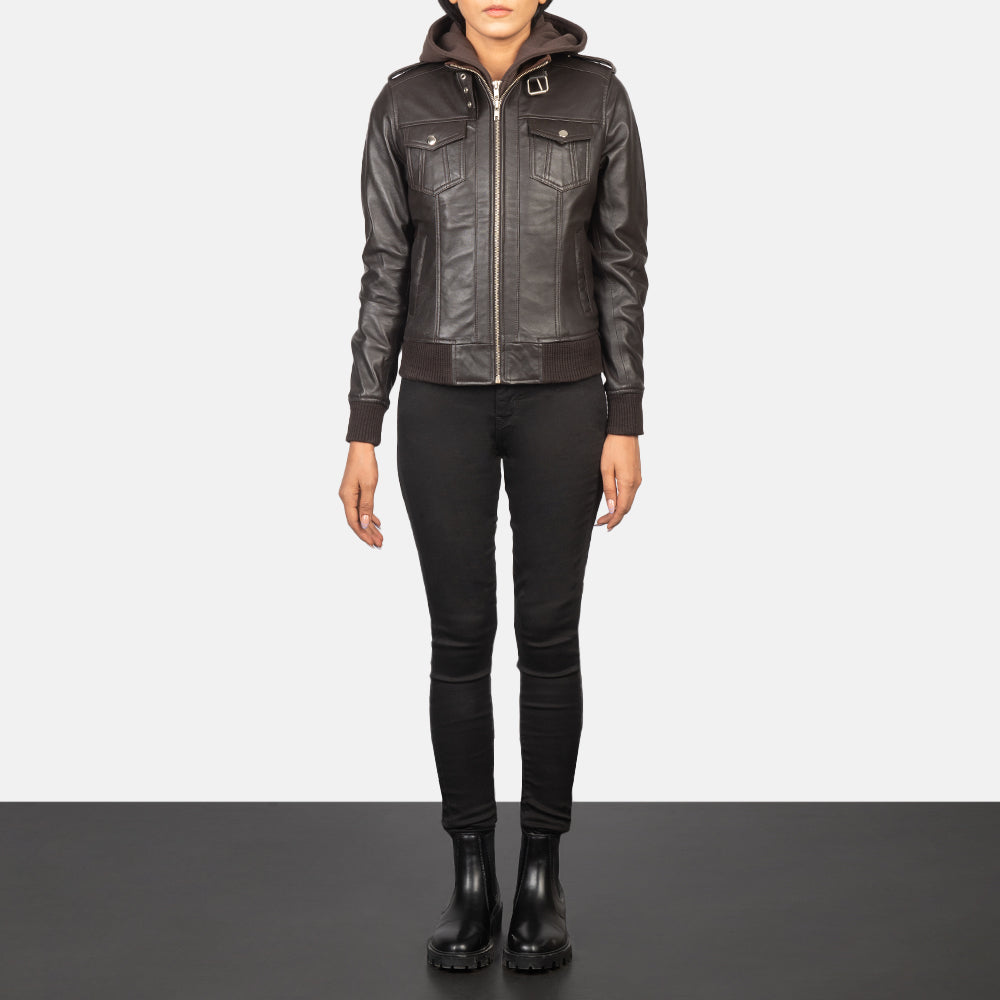 Roslyn Brown Hooded Leather Bomber Jacket - women's jacket in brown sheepskin leather, view 3