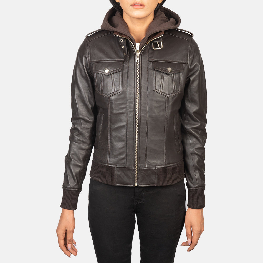 Roslyn Brown Hooded Leather Bomber Jacket - women's jacket in brown sheepskin leather, view 4