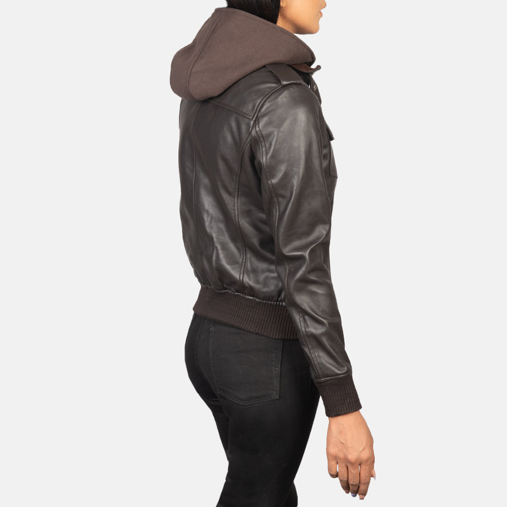 Roslyn Brown Hooded Leather Bomber Jacket - women's jacket in brown sheepskin leather, view 5