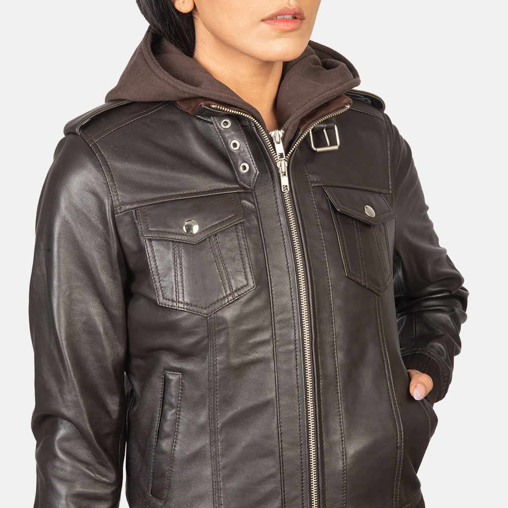 Roslyn Brown Hooded Leather Bomber Jacket - women's jacket in brown sheepskin leather, view 6