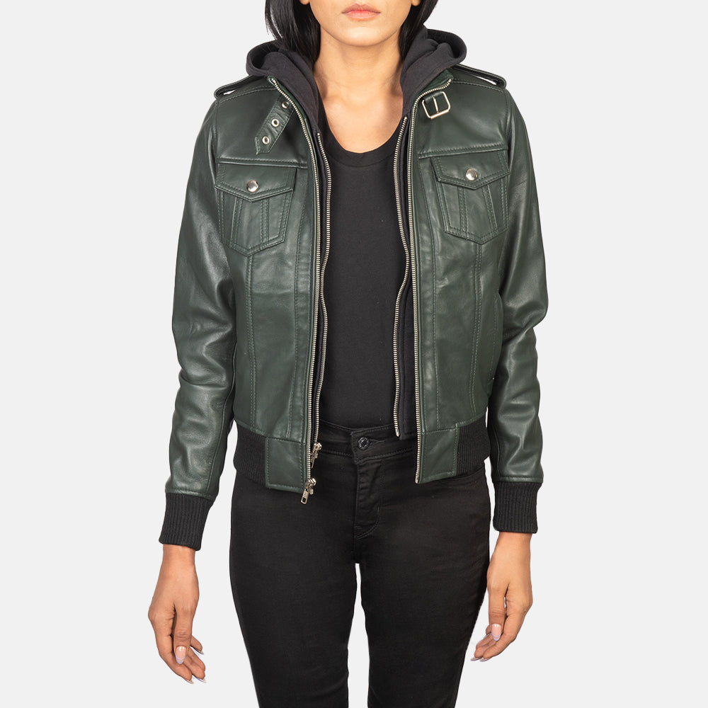 Roslyn Green Hooded Leather Bomber Jacket - women's jacket in green sheepskin leather, view 1