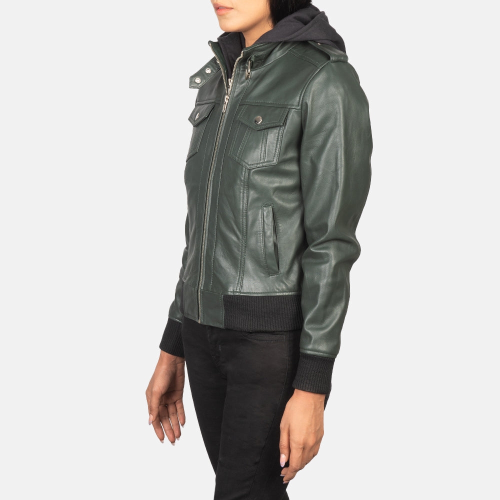 Roslyn Green Hooded Leather Bomber Jacket - women's jacket in green sheepskin leather, view 2