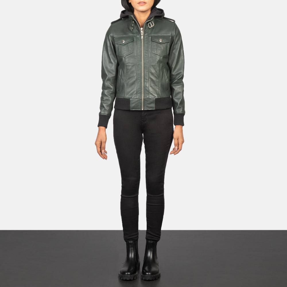 Roslyn Green Hooded Leather Bomber Jacket - women's jacket in green sheepskin leather, view 3