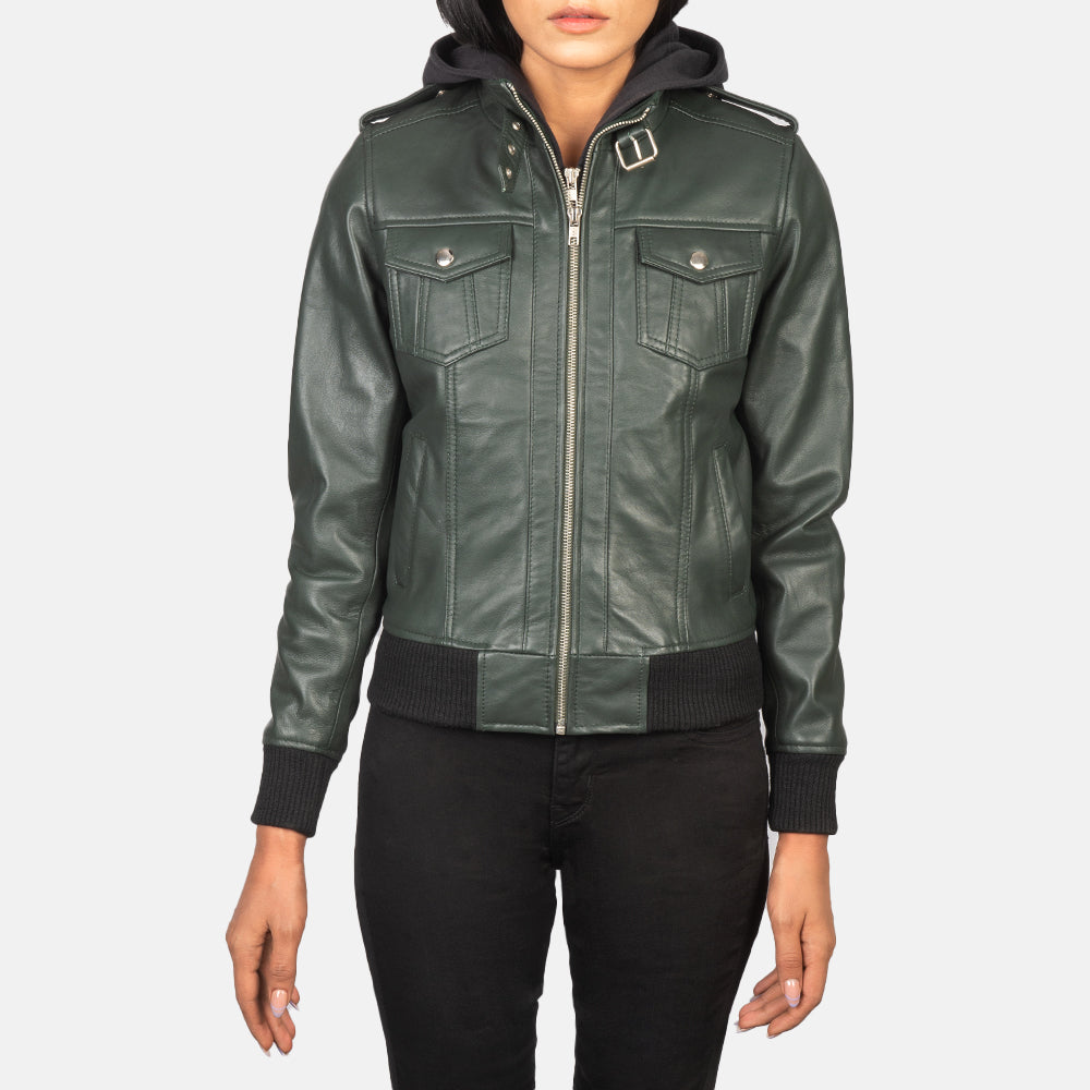 Roslyn Green Hooded Leather Bomber Jacket - women's jacket in green sheepskin leather, view 4