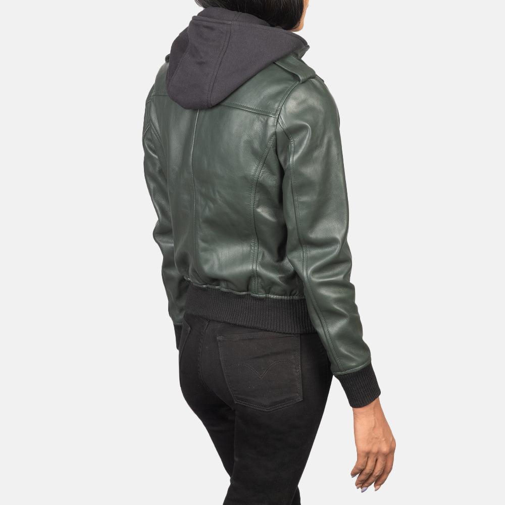 Roslyn Green Hooded Leather Bomber Jacket - women's jacket in green sheepskin leather, view 5