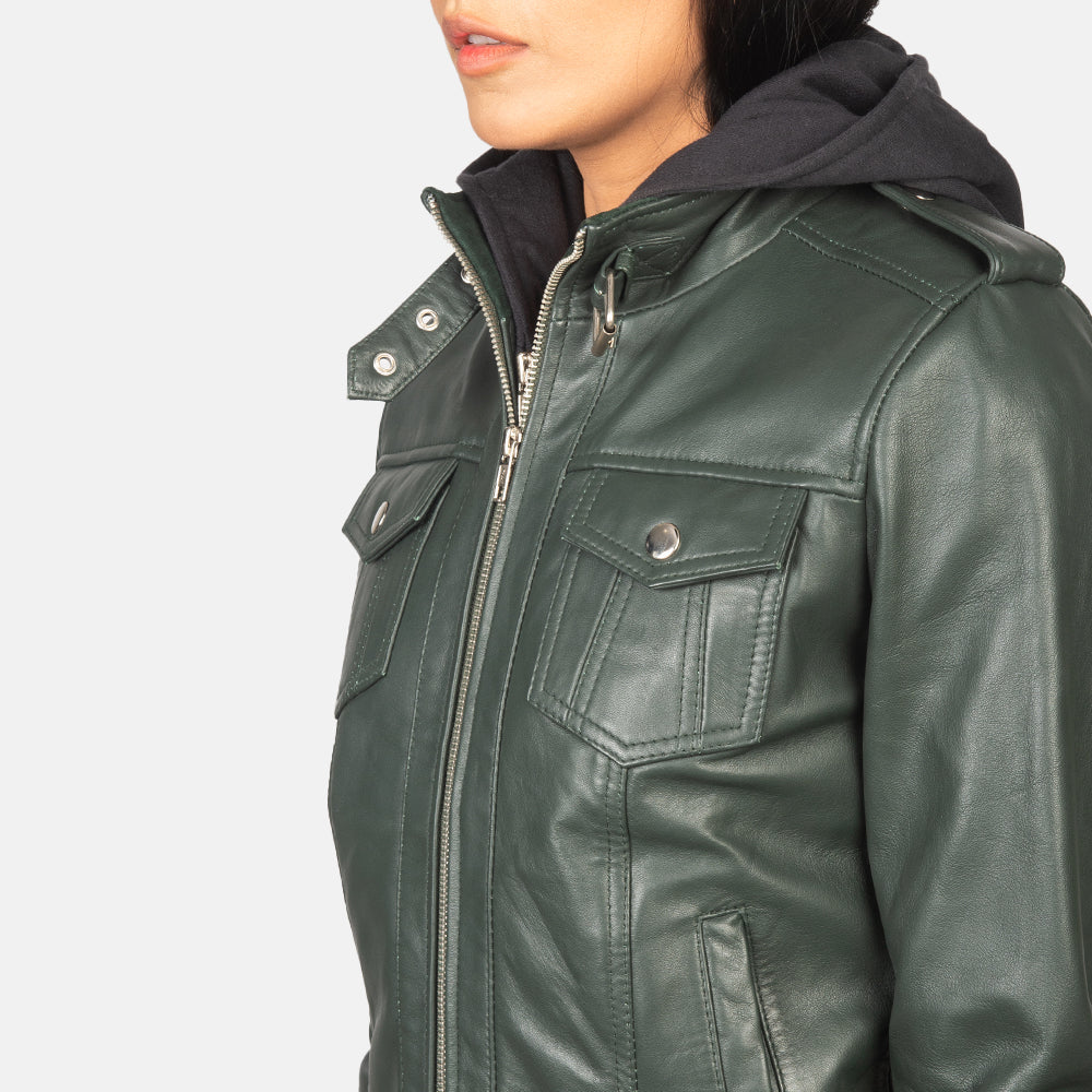 Roslyn Green Hooded Leather Bomber Jacket - women's jacket in green sheepskin leather, view 6