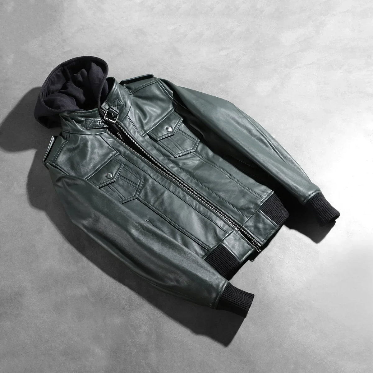 Roslyn Green Hooded Leather Bomber Jacket - women's jacket in green sheepskin leather, view 7