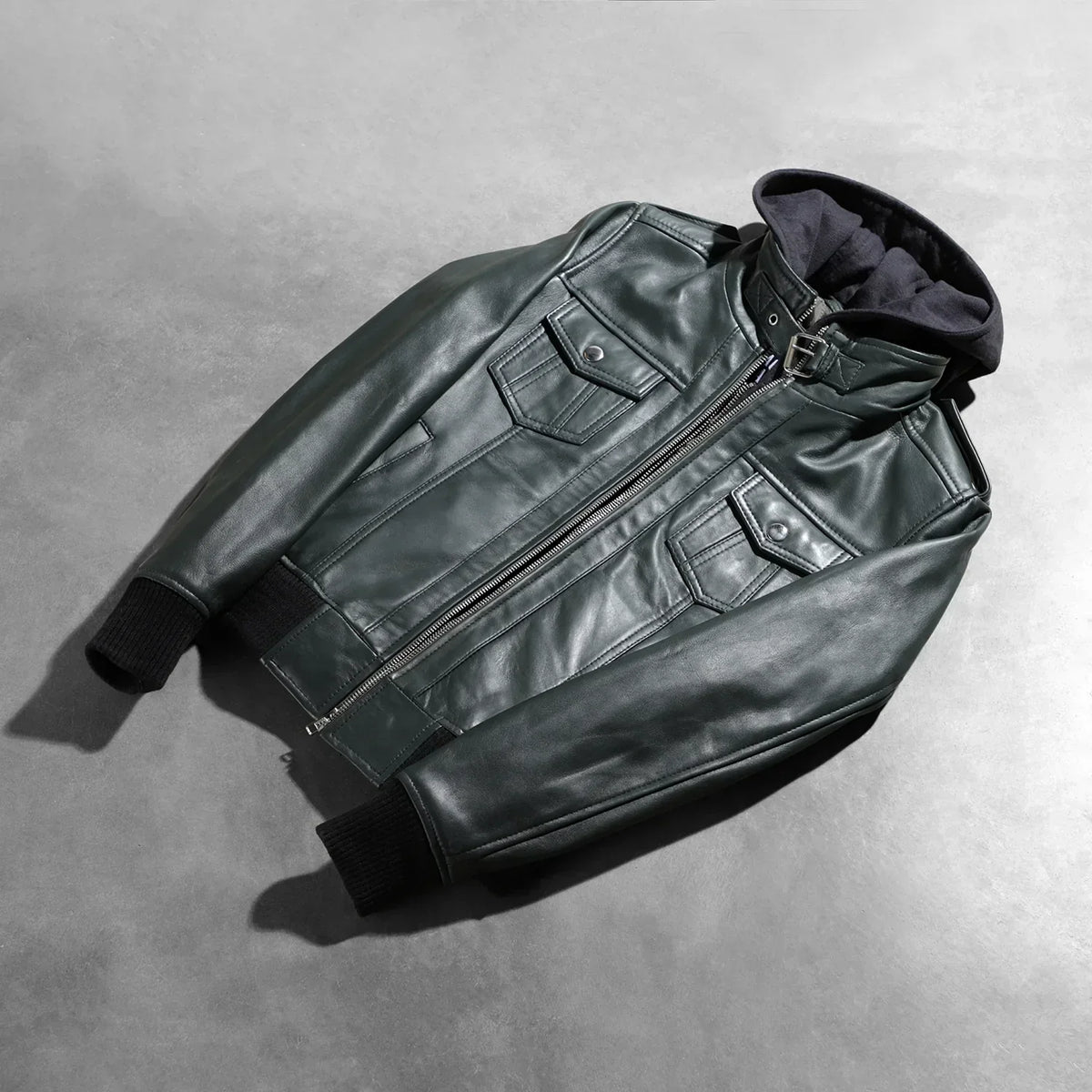 Roslyn Green Hooded Leather Bomber Jacket - women's jacket in green sheepskin leather, view 8