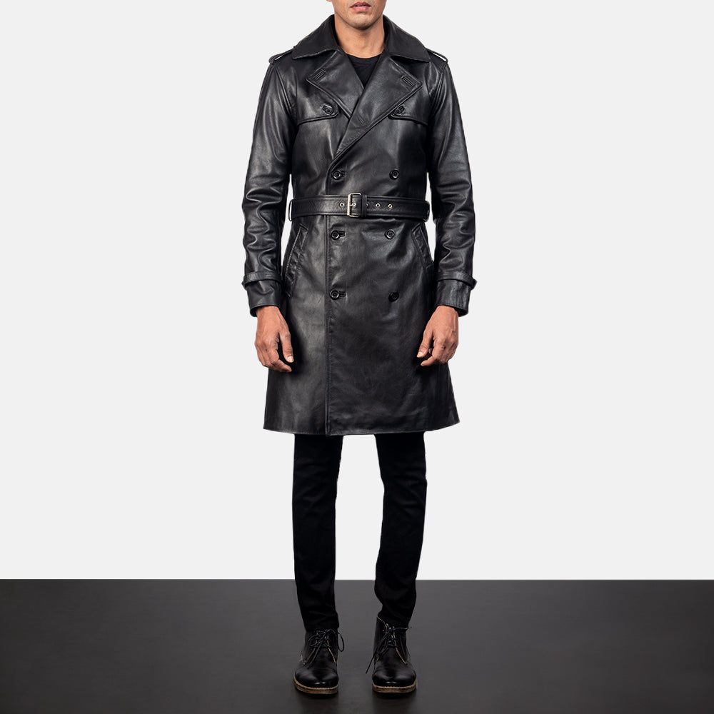 Royson Black Leather Duster Coat - men's coat in black cowhide leather, view 1