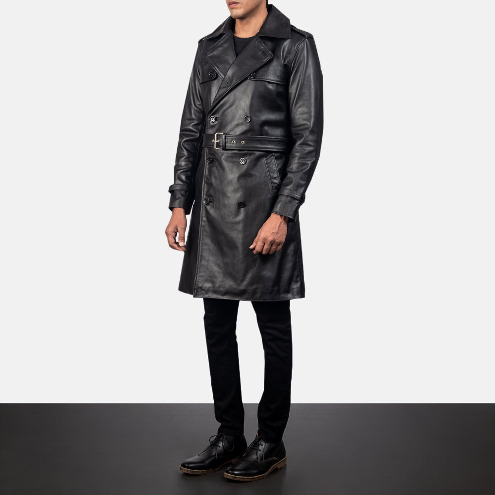 Royson Black Leather Duster Coat - men's coat in black cowhide leather, view 2