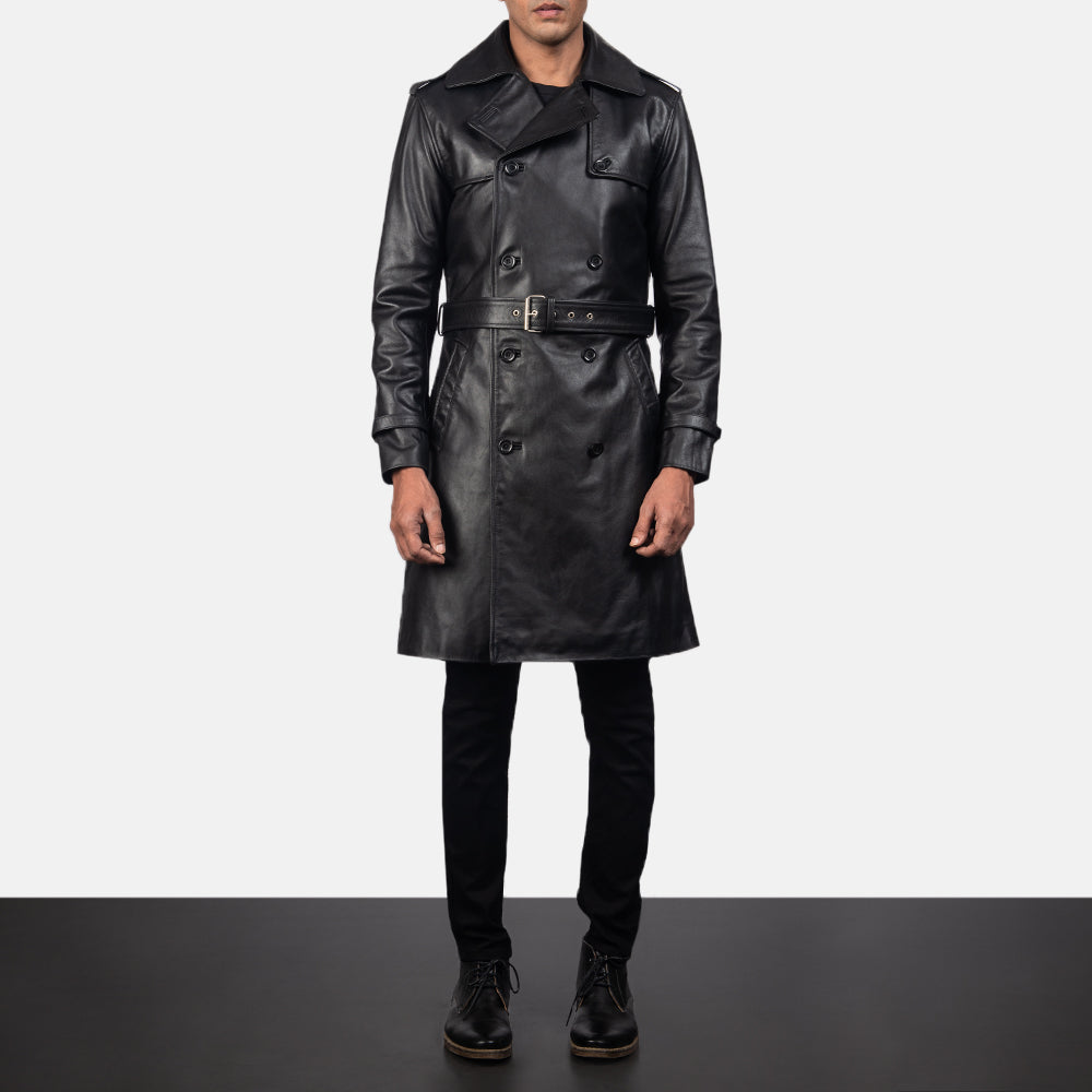 Royson Black Leather Duster Coat - men's coat in black cowhide leather, view 4