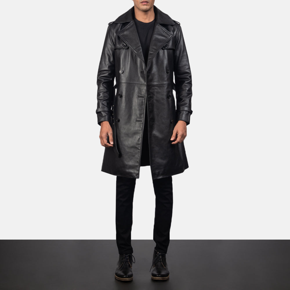 Royson Black Leather Duster Coat - men's coat in black cowhide leather, view 6