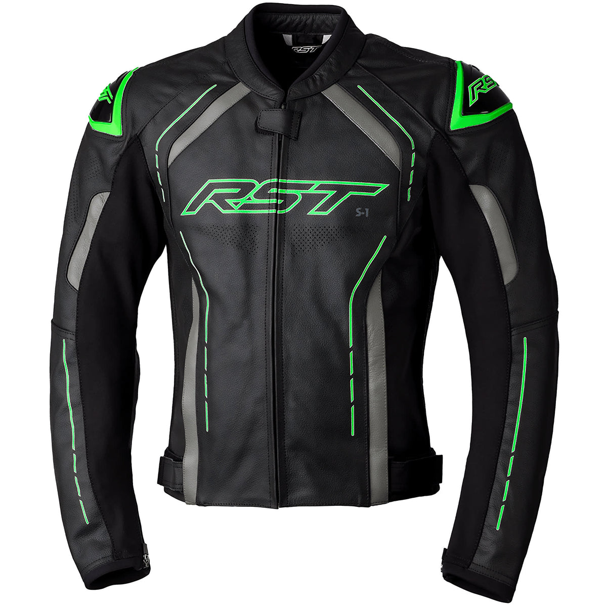 Brex International RST S1 CE Leather Jacket - Black / Grey / Neon Green - short unisex and men's leather motorcycle jacket in green