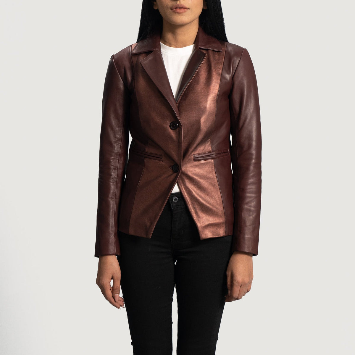 Brex Ruby Metallic Maroon Leather Blazer - women's blazer in metallic maroon sheepskin leather, view 1