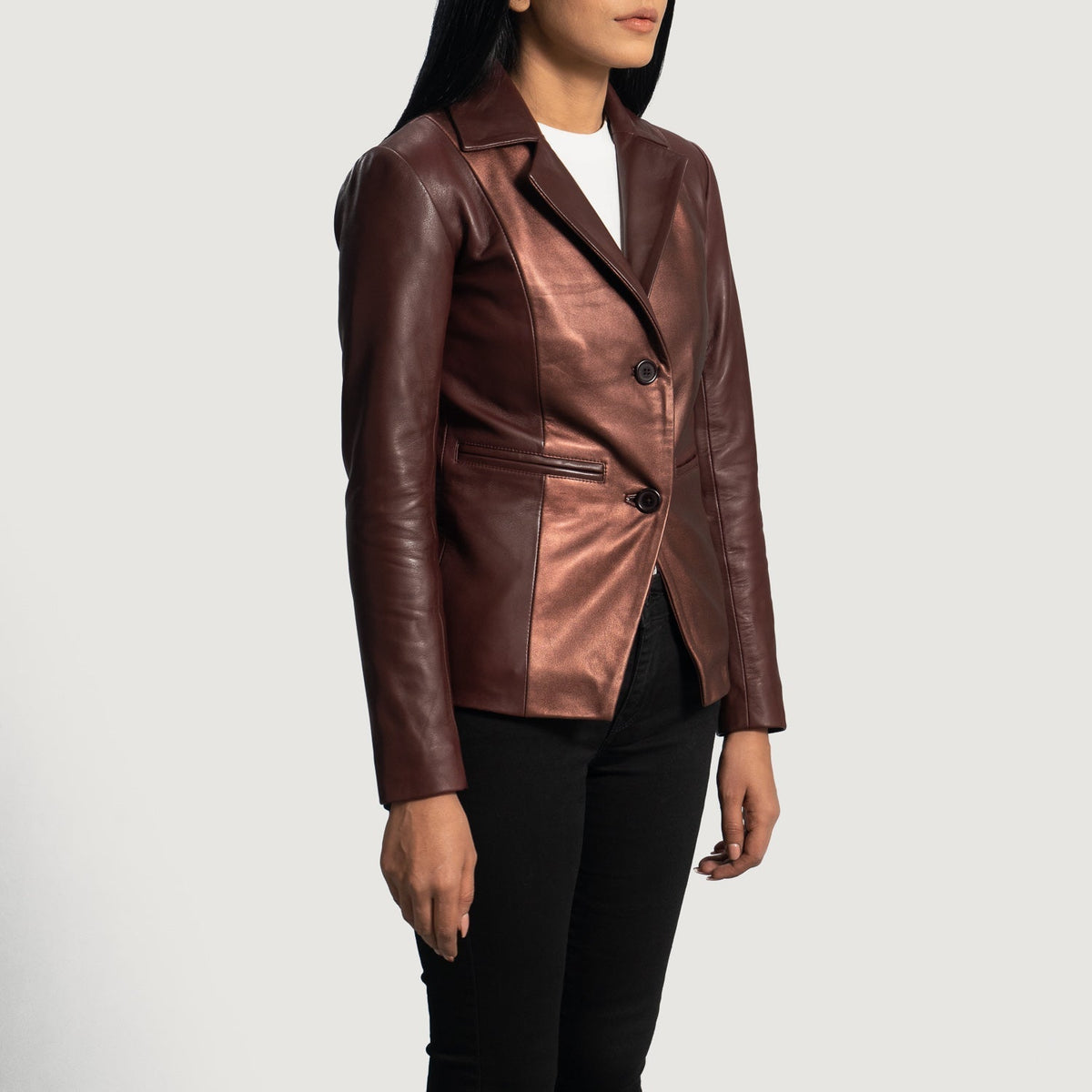 Brex Ruby Metallic Maroon Leather Blazer - women's blazer in metallic maroon sheepskin leather, view 2