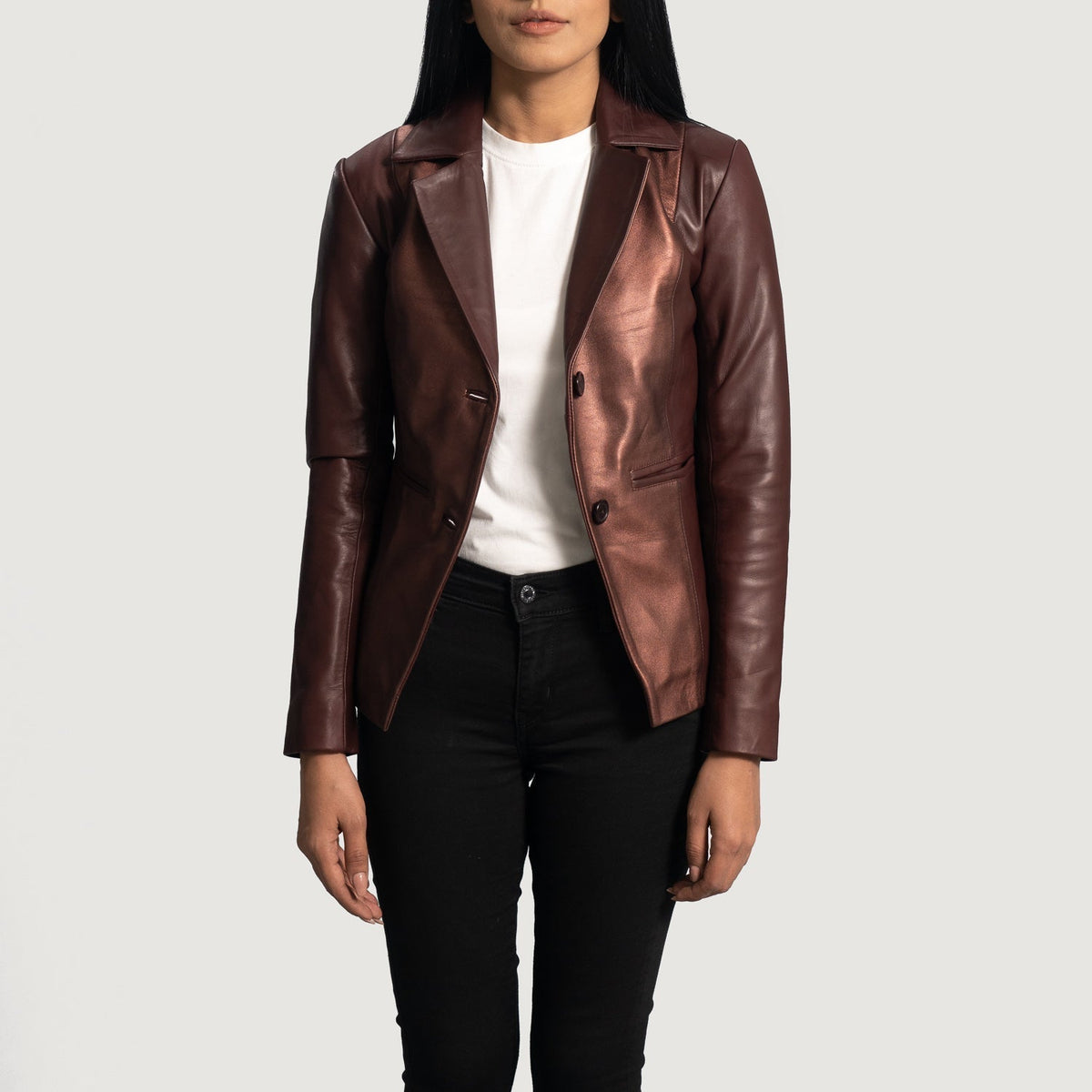 Brex Ruby Metallic Maroon Leather Blazer - women's blazer in metallic maroon sheepskin leather, view 3