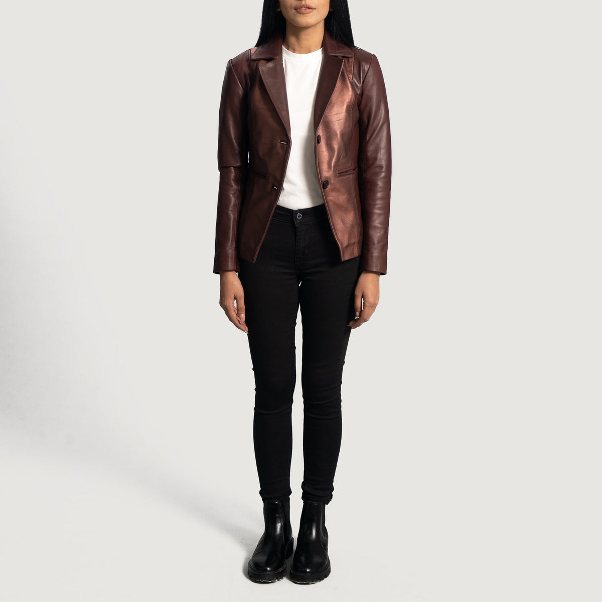 Brex Ruby Metallic Maroon Leather Blazer - women's blazer in metallic maroon sheepskin leather, view 4
