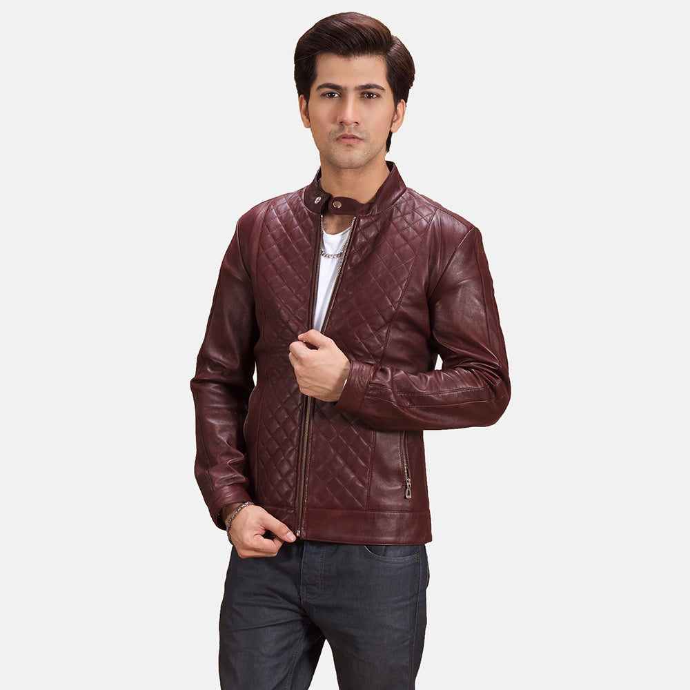 Rumano Jae Maroon Leather Biker Jacket - men's jacket in maroon sheepskin leather, view 1