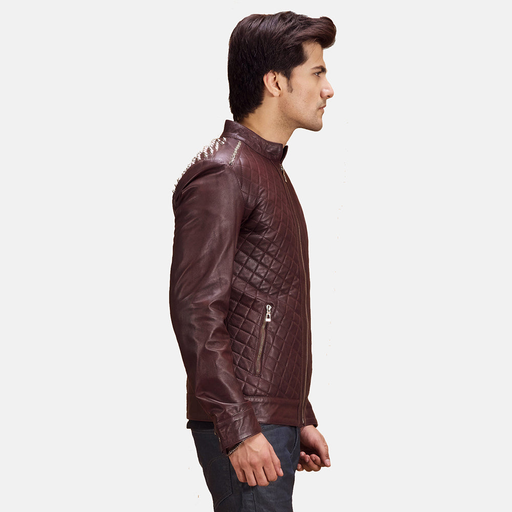 Rumano Jae Maroon Leather Biker Jacket - men's jacket in maroon sheepskin leather, view 2