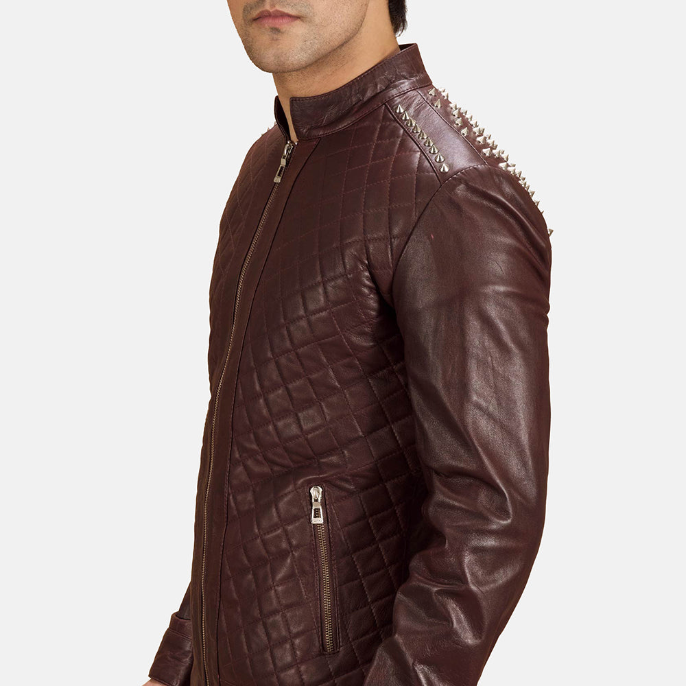 Rumano Jae Maroon Leather Biker Jacket - men's jacket in maroon sheepskin leather, view 4