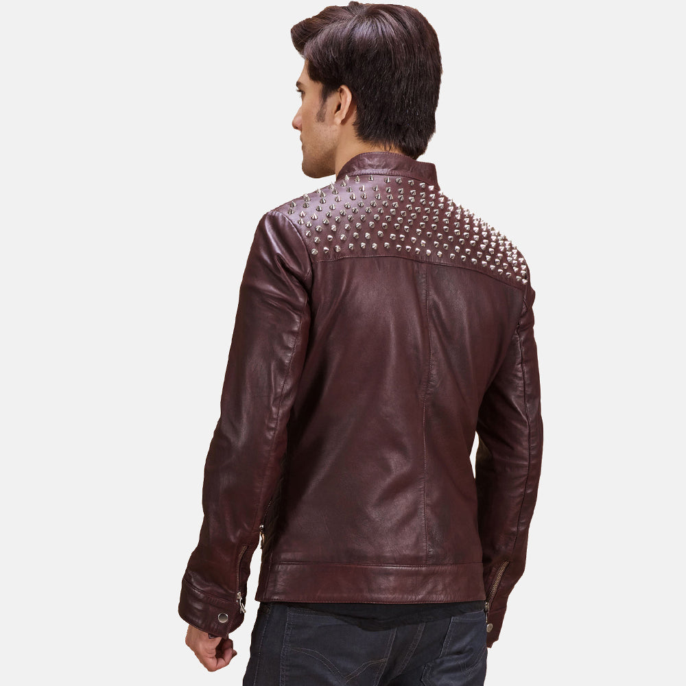 Rumano Jae Maroon Leather Biker Jacket - men's jacket in maroon sheepskin leather, view 6
