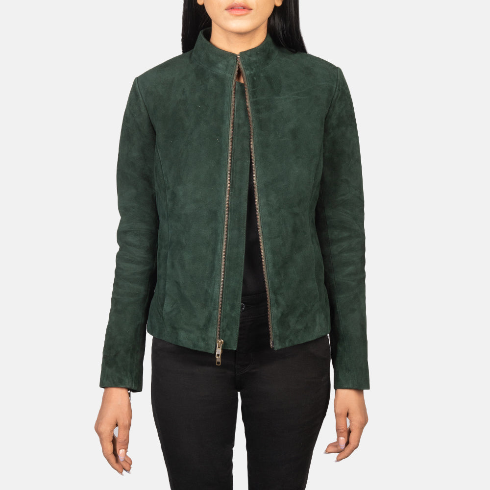 Rumella Green Suede Biker Jacket - women's jacket in green suede leather, view 1
