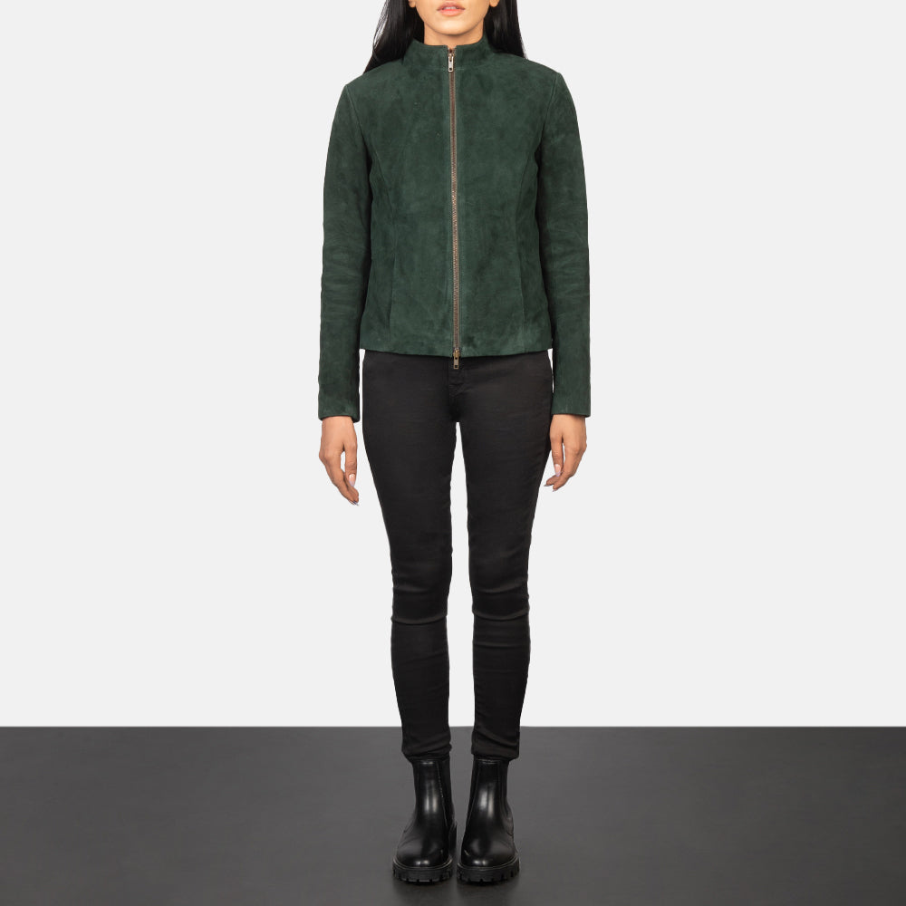 Rumella Green Suede Biker Jacket - women's jacket in green suede leather, view 3