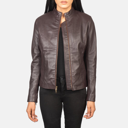 Rumella Maroon Leather Biker Jacket - women's jacket in maroon sheepskin leather, view 1