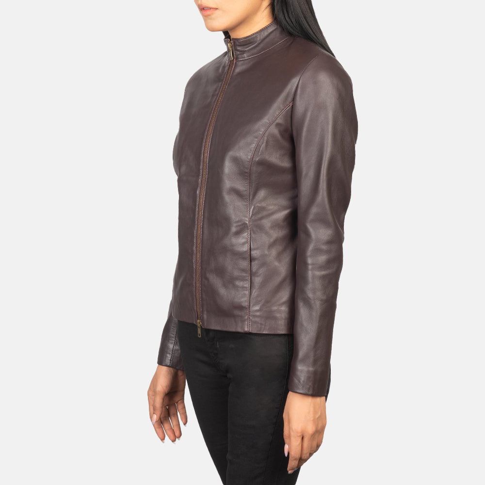 Rumella Maroon Leather Biker Jacket - women's jacket in maroon sheepskin leather, view 2