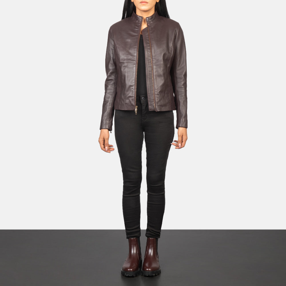Rumella Maroon Leather Biker Jacket - women's jacket in maroon sheepskin leather, view 3